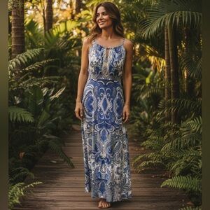 INC HALTER STYLE BLUE PAISLEY SILVER BEADING EMPIRE WAIST MAXI DRESS SZ XS